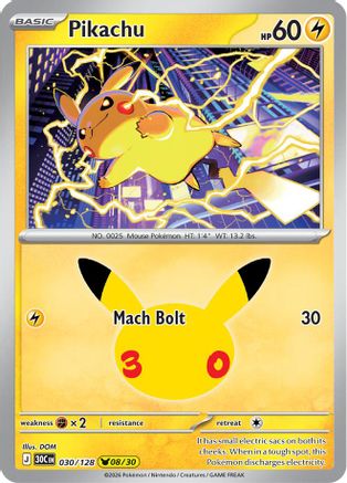 Pikachu 030/128 - ME 30th Celebration Holofoil - Pikachu Rare